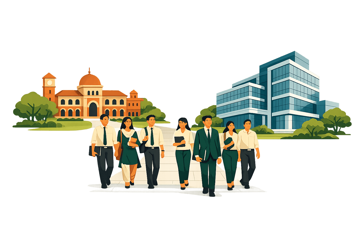Indian students walking from college campus to corporate offices